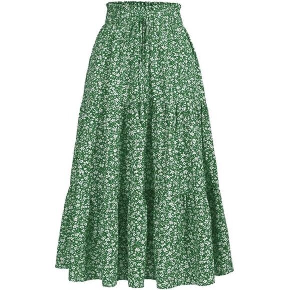 Women's High Elastic Waist Midi Skirt Green Floral - Picture 1 of 6